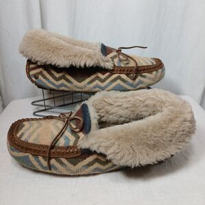 UGG Pendleton Alena Moccasin Slippers Womens 9.5-10 Blue Print Shearling Lined
